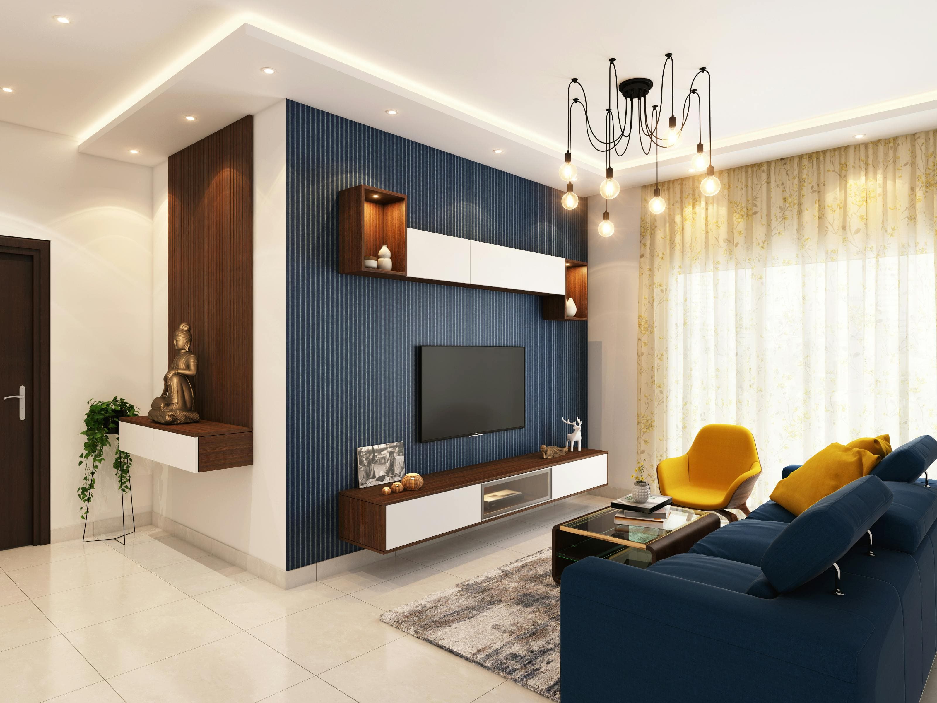 Modern living room with wall mounted TV on a blue slat wall with a floating media console