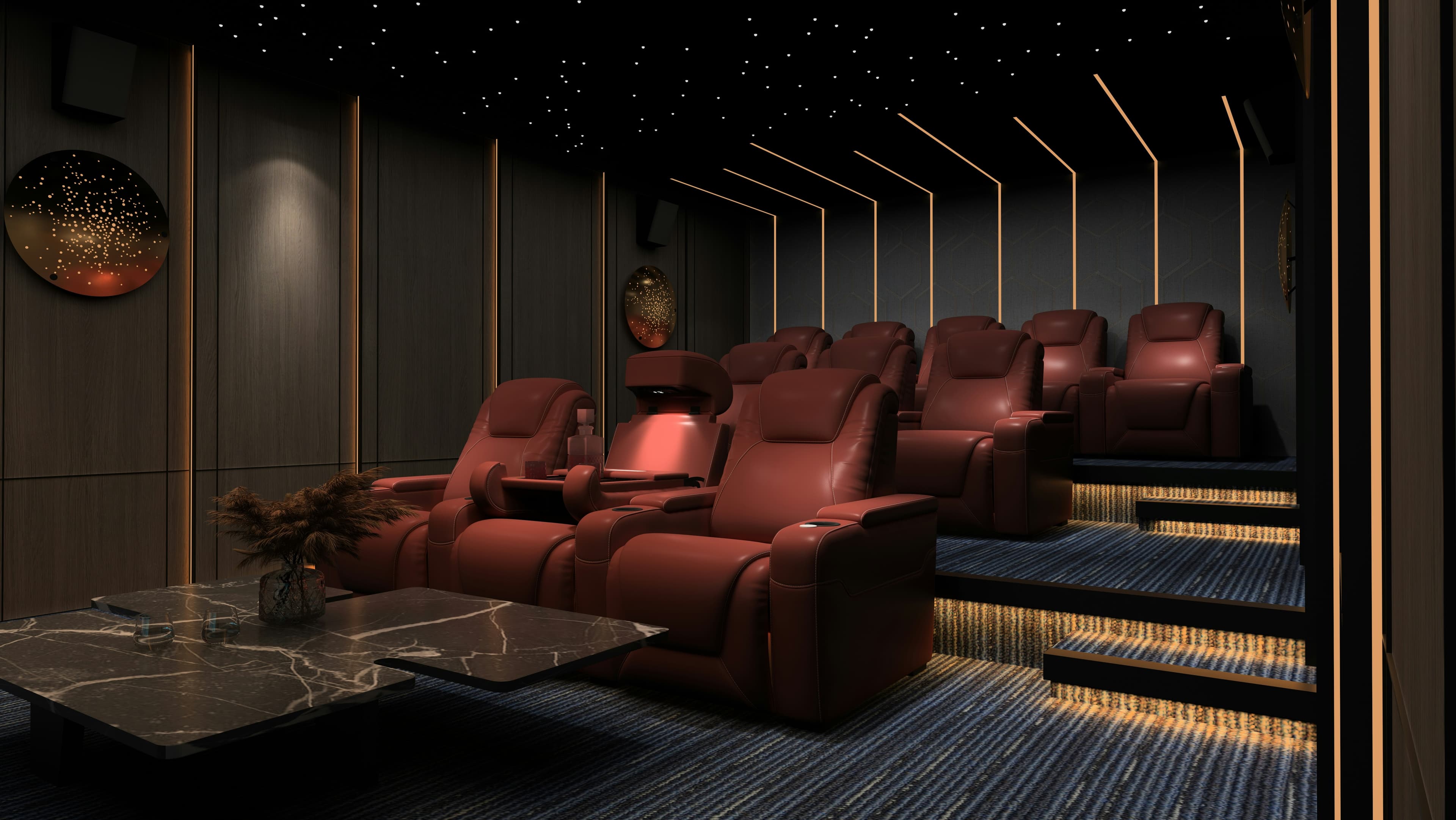 Modern home theater with red leather recliners, star‑light ceiling, and LED accent lighting